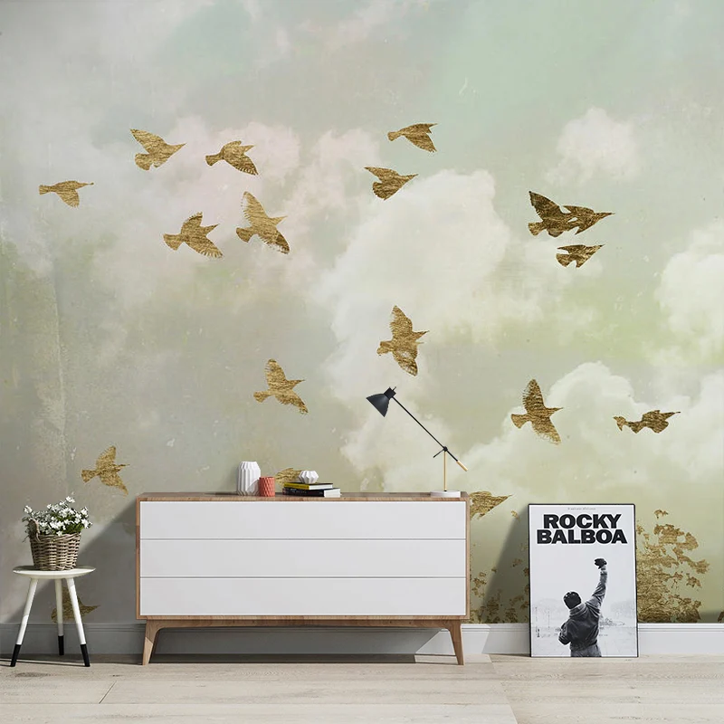 Papel pintado mural gigante de tela no tejida con cielo y pájaro volador nostálgico en colores pastel, hecho medida Gris C...