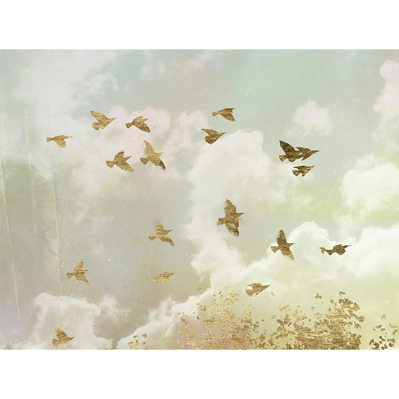Papel pintado mural gigante de tela no tejida con cielo y pájaro volador nostálgico en colores pastel, hecho medida Gris C...