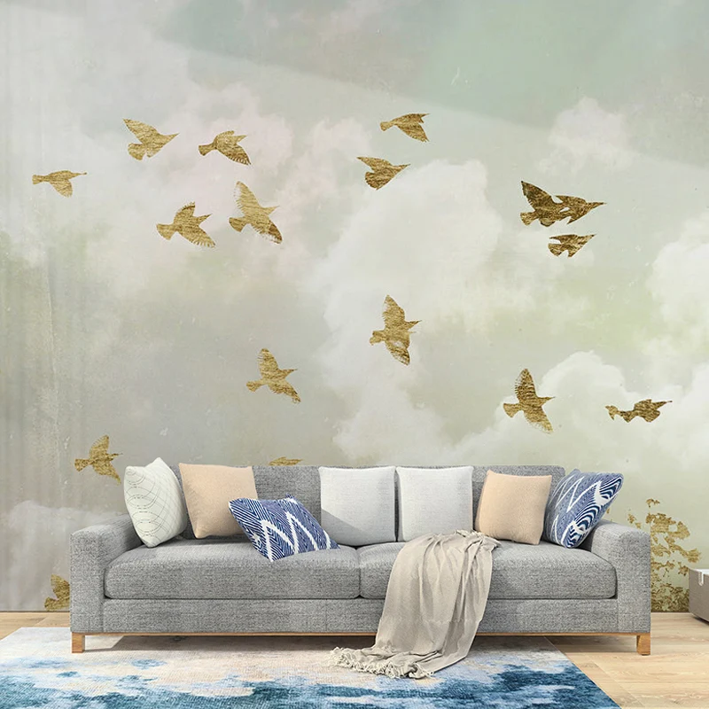 Papel pintado mural gigante de tela no tejida con cielo y pájaro volador nostálgico en colores pastel, hecho medida Gris C...