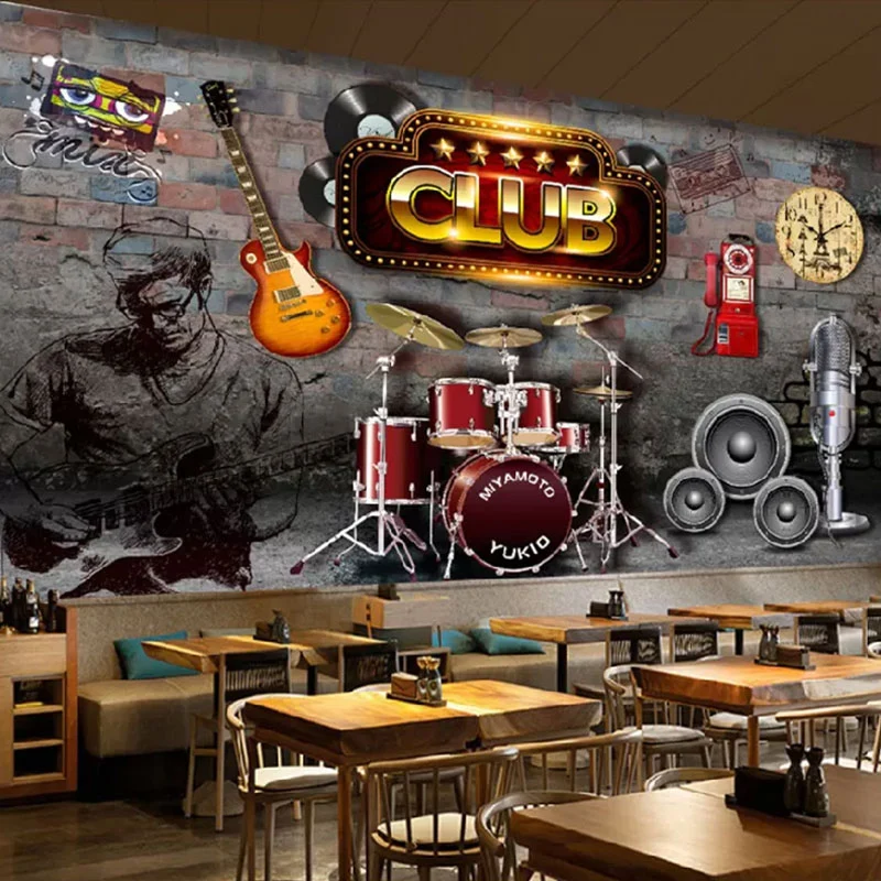 Papel pintado Mural de Guitarra 3D Retro para Cafeterí y Bar, Gris y Marrón, Hecho Medida Peltre Clearhalo
