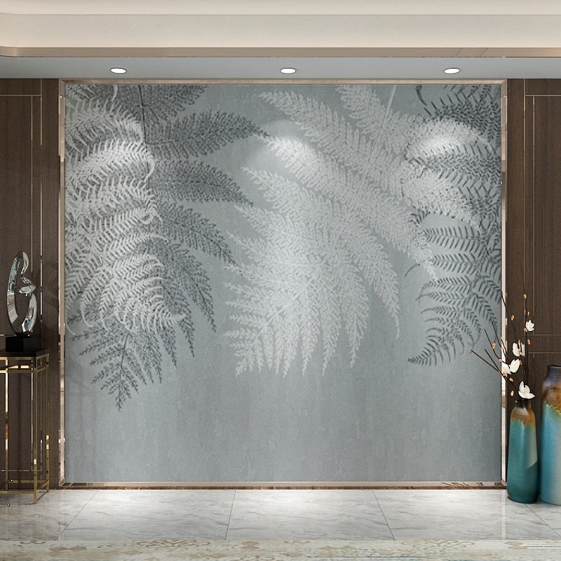 Papel pintado mural de helecho gris retro para uso comercial, material no tejido Gris Clearhalo