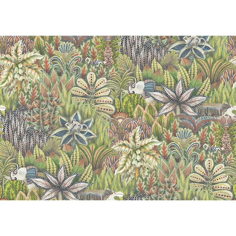 Papel pintado mural de hojas de campo en revestimiento de paredes de habitación de invitados verde, hecho medida Verde Cle...