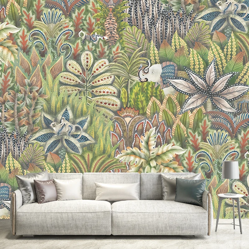Papel pintado mural de hojas de campo en revestimiento de paredes de habitación de invitados verde, hecho medida Verde Cle...