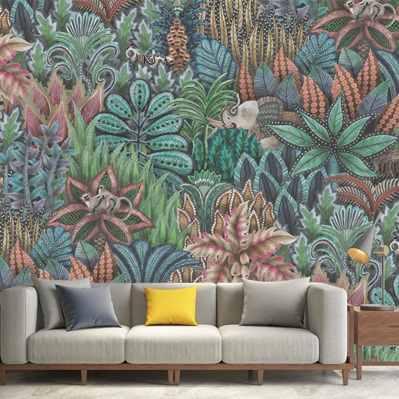 Papel pintado mural de hojas de campo en revestimiento de paredes de habitación de invitados verde, hecho medida Verde Cle...