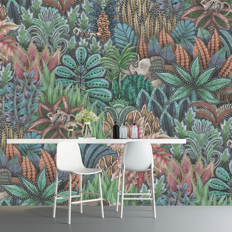 Papel pintado mural de hojas de campo en revestimiento de paredes de habitación de invitados verde, hecho medida Verde Cle...