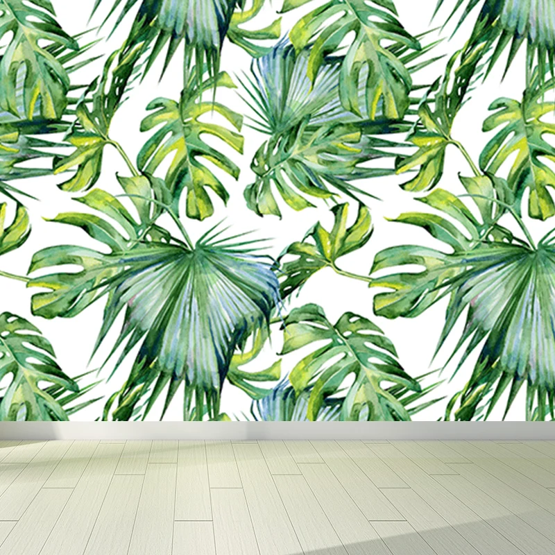 Papel pintado Mural de hojas de estilo tropical, revestimiento de paredes botánico natural de color claro Negro Clearhalo