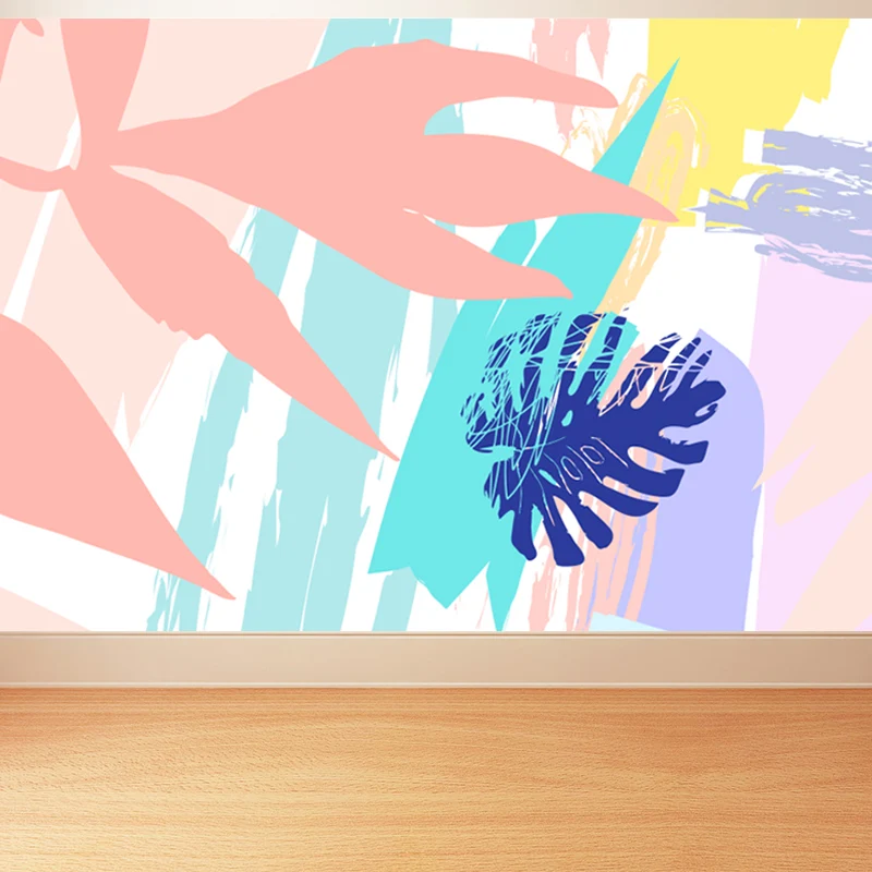Papel pintado Mural de hojas de plantas de acuarela, arte moderno de pared para sala de estar prueba de agua, hecho medida...