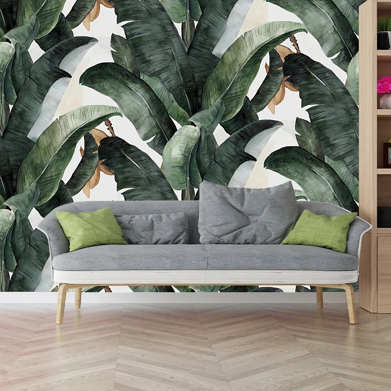 Papel pintado mural de hojas de plátano tropical para decoración de salón, verde y blanco, impreso medida Verde Clearhalo