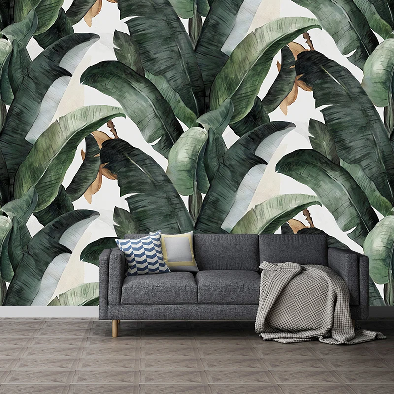 Papel pintado mural de hojas de plátano tropical para decoración de salón, verde y blanco, impreso medida Verde Clearhalo