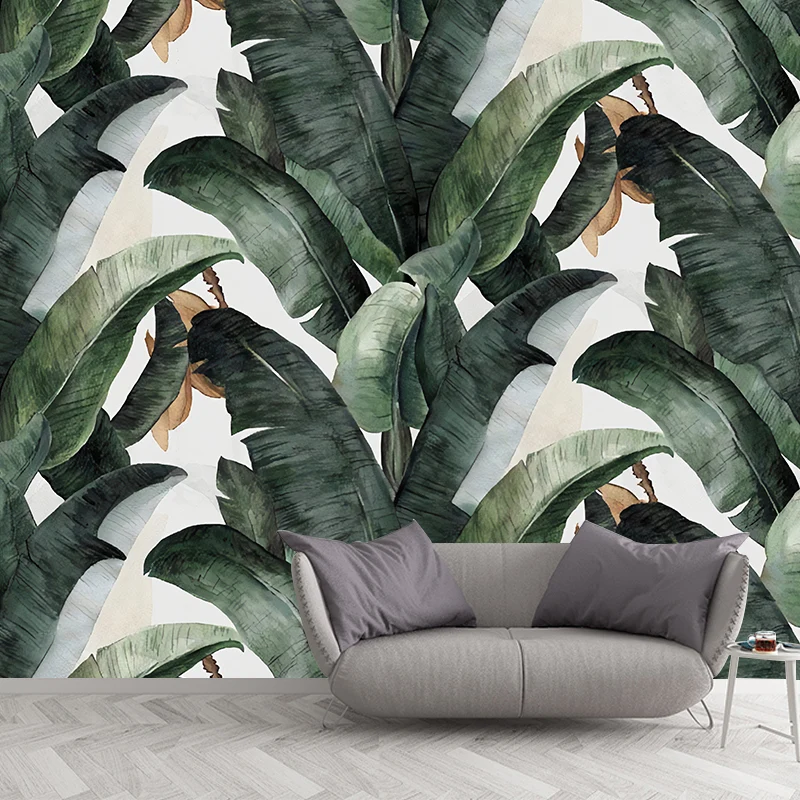 Papel pintado mural de hojas de plátano tropical para decoración de salón, verde y blanco, impreso medida Verde Clearhalo