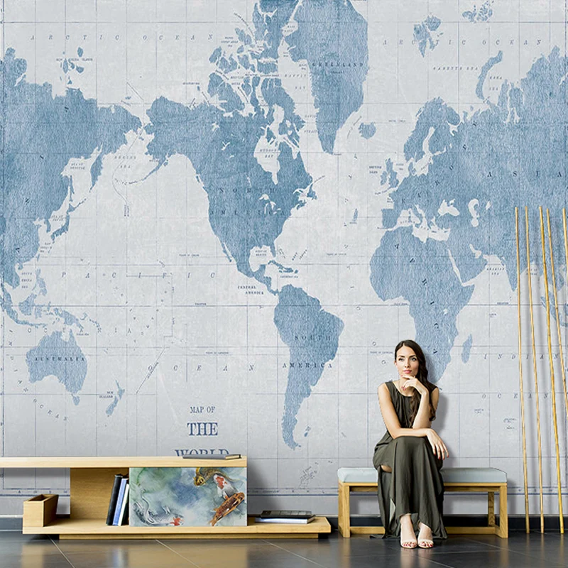 Papel pintado mural de mapa del mundo contemporáneo en revestimiento de paredes de cafeterí azul pastel, tamaño completo A...