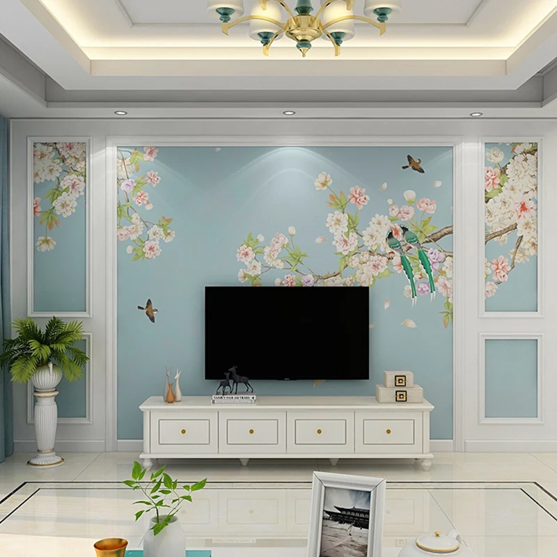 Papel pintado mural minimalista gigante con flores de racimo verdes y rosas, tamaño personalizado disponible Lago Clearhalo