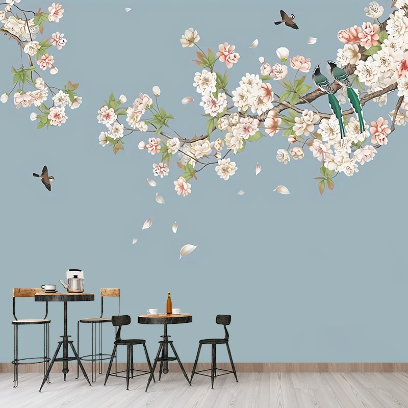Papel pintado mural minimalista gigante con flores de racimo verdes y rosas, tamaño personalizado disponible Lago Clearhalo