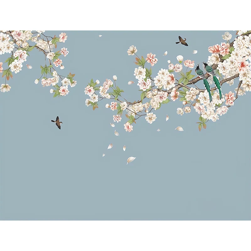 Papel pintado mural minimalista gigante con flores de racimo verdes y rosas, tamaño personalizado disponible Lago Clearhalo