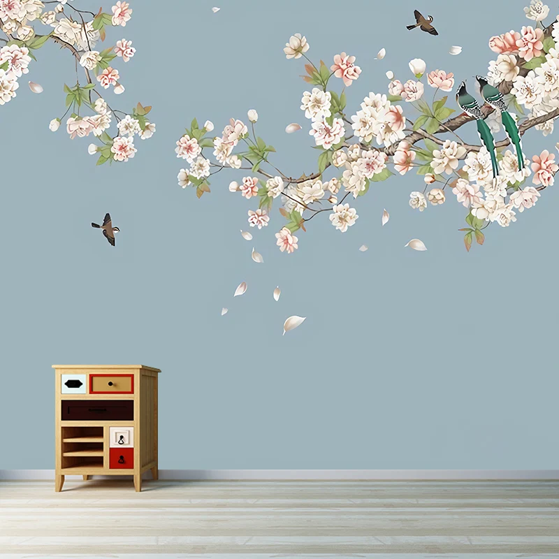Papel pintado mural minimalista gigante con flores de racimo verdes y rosas, tamaño personalizado disponible Lago Clearhalo