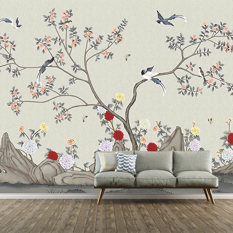 Papel pintado mural minimalista gris y amarillo decoración de pared de bosque extra grande para restaurante Gris Clearhalo