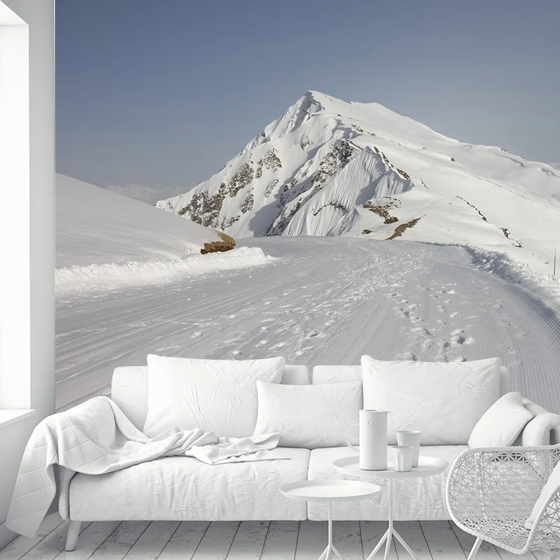 Papel pintado mural moderno con impresión fotográfica personalizada y diseño "Camino la montañ nevada" en gris y blanco Gr...