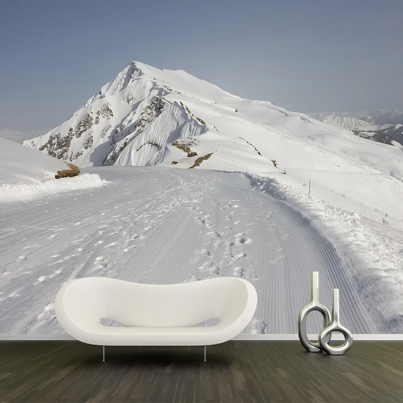 Papel pintado mural moderno con impresión fotográfica personalizada y diseño "Camino la montañ nevada" en gris y blanco Gr...