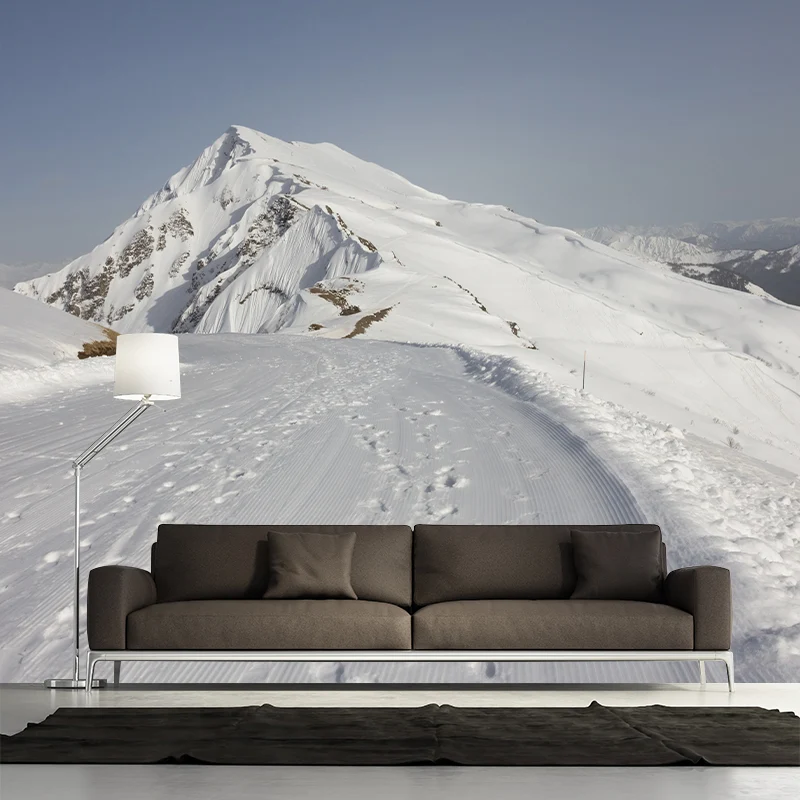 Papel pintado mural moderno con impresión fotográfica personalizada y diseño "Camino la montañ nevada" en gris y blanco Gr...