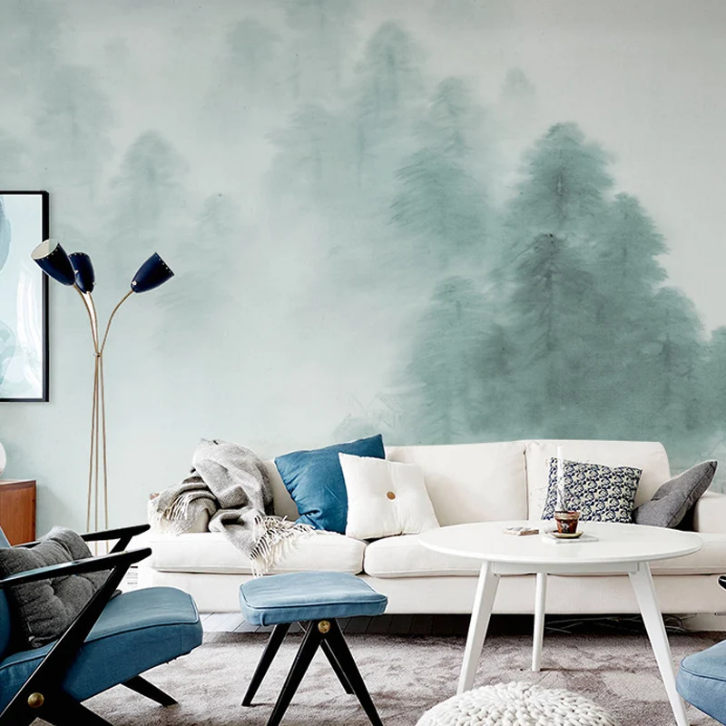 Papel pintado mural de montañ y niebla, revestimiento de paredes verde y blanco para pared decorativa Azul Clearhalo