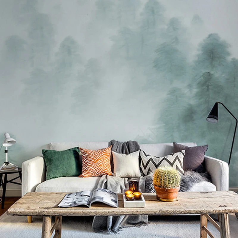 Papel pintado mural de montañ y niebla, revestimiento de paredes verde y blanco para pared decorativa Azul Clearhalo