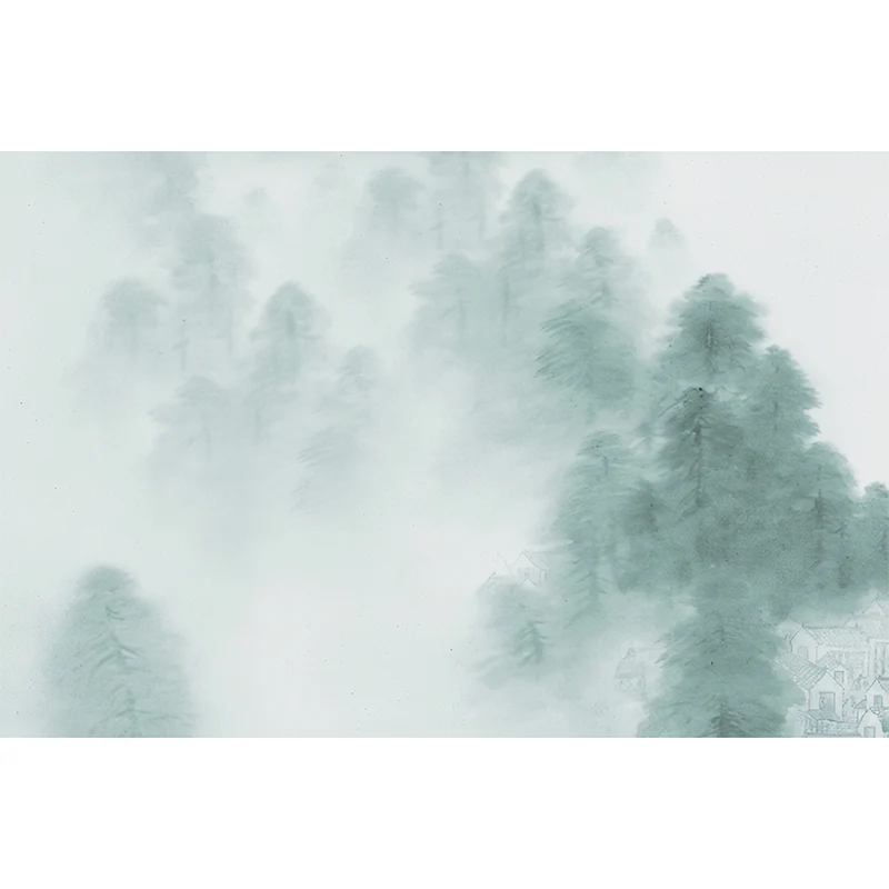 Papel pintado mural de montañ y niebla, revestimiento de paredes verde y blanco para pared decorativa Azul Clearhalo