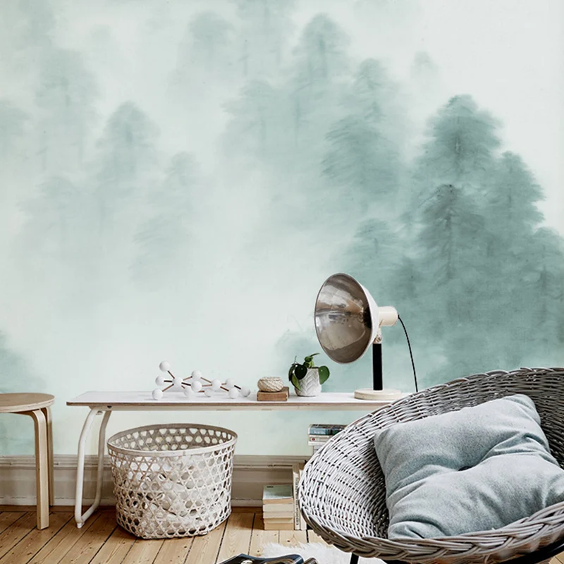 Papel pintado mural de montañ y niebla, revestimiento de paredes verde y blanco para pared decorativa Azul Clearhalo