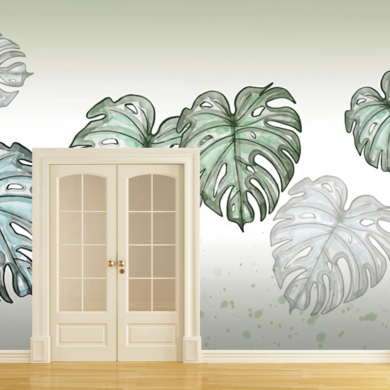 Papel pintado mural nórdico con ilustración gigante para decoración con hojas y bosques en verde pastel Verde Clearhalo