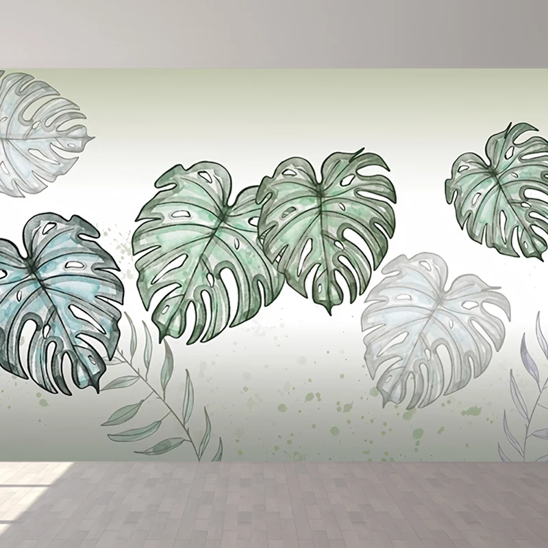 Papel pintado mural nórdico con ilustración gigante para decoración con hojas y bosques en verde pastel Verde Clearhalo