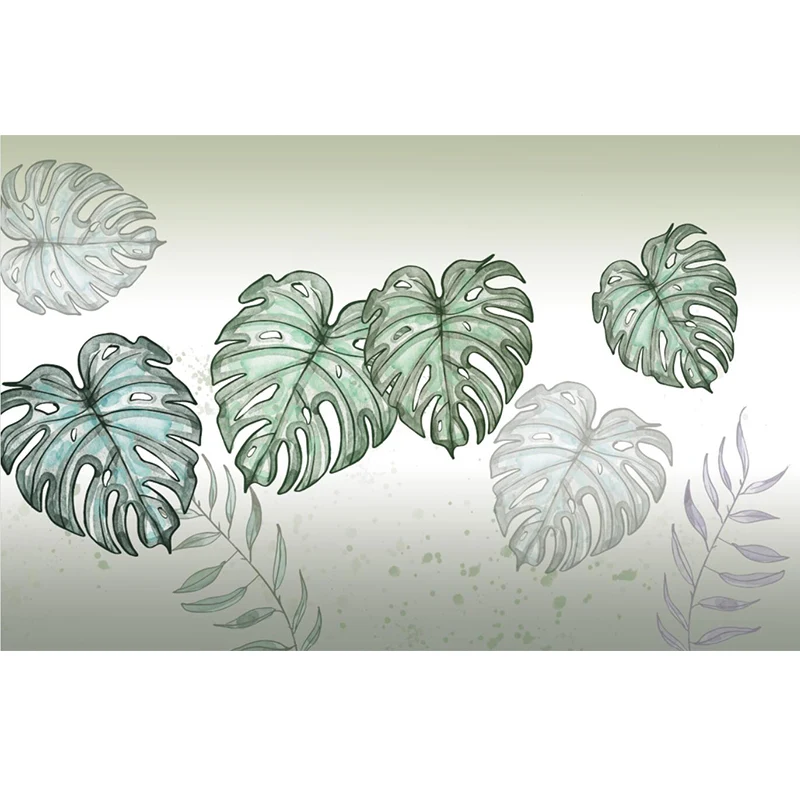 Papel pintado mural nórdico con ilustración gigante para decoración con hojas y bosques en verde pastel Verde Clearhalo