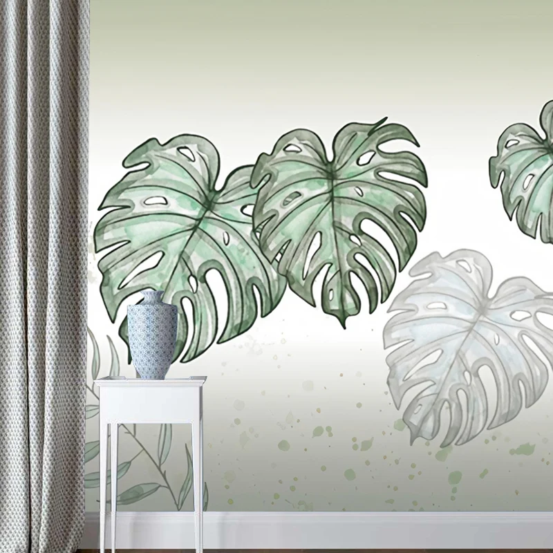 Papel pintado mural nórdico con ilustración gigante para decoración con hojas y bosques en verde pastel Verde Clearhalo