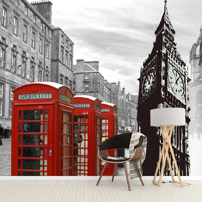 Papel pintado Mural nórdico de fotografí personalizado para cafeterí con diseño de fotomatón británico en rojo y gris Rojo...