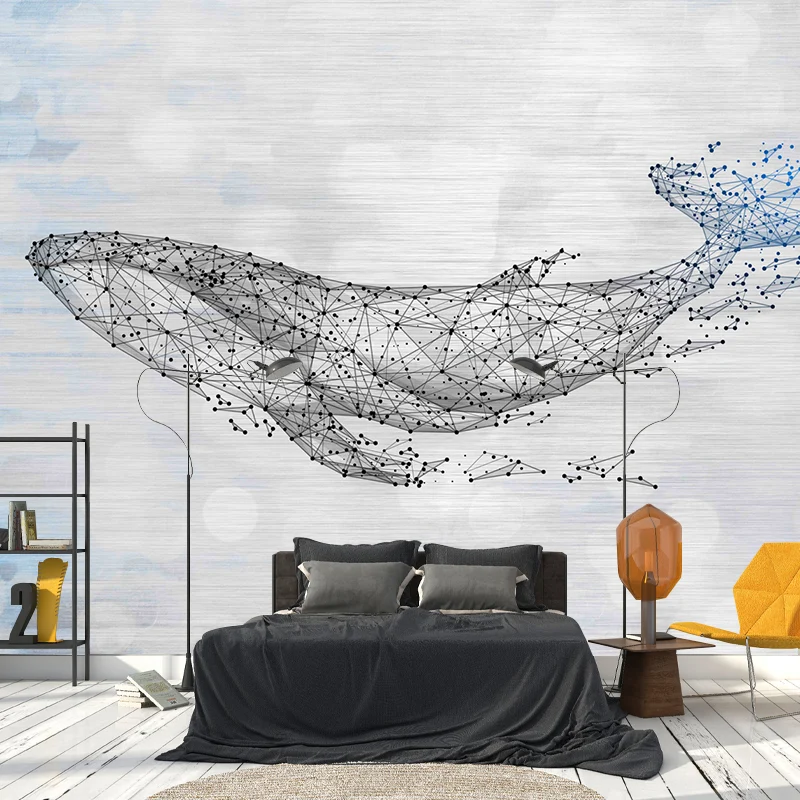 Papel Pintado Mural Original con Ilustración Extra Grande para Decoración del Hogar con Estampado de Ballenas en Azul y Bl...