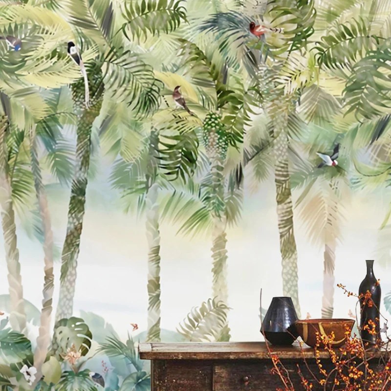 Papel pintado Mural de palmera y bosque verde Morandi, decoración de pared grande de tela no tejida, tamaño personalizado...