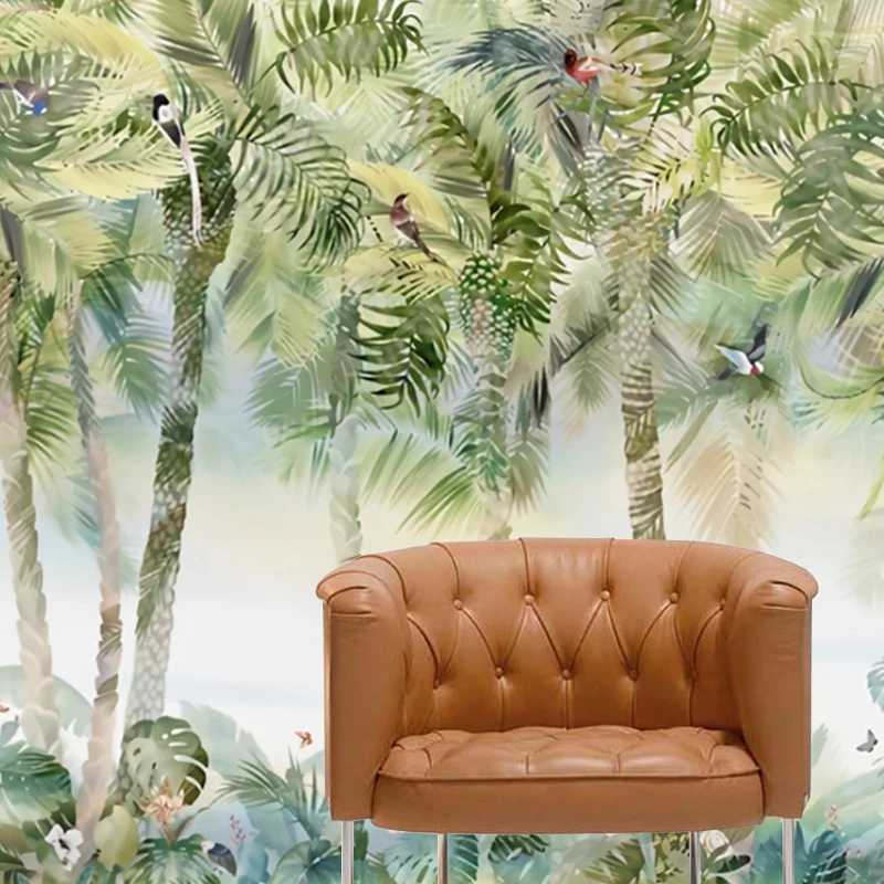 Papel pintado Mural de palmera y bosque verde Morandi, decoración de pared grande de tela no tejida, tamaño personalizado...