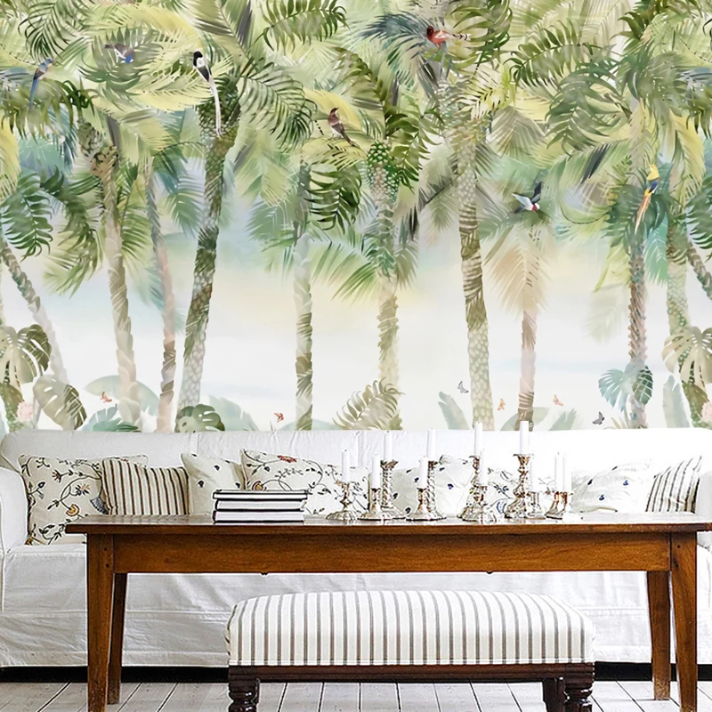 Papel pintado Mural de palmera y bosque verde Morandi, decoración de pared grande de tela no tejida, tamaño personalizado...
