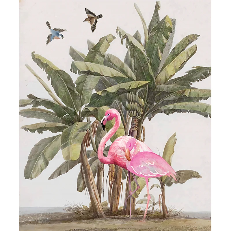 Papel Pintado Mural de Pájaros y Flamencos para Decoración de Dormitorio de Niñ, Rosa y Verde, Hecho Medida Rosa Clearhalo