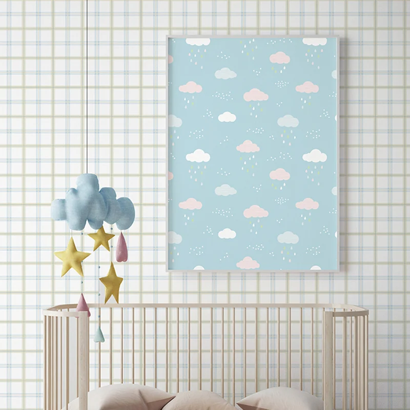 Papel pintado mural de rejilla grande en arte de pared de material no tejido azul y verde para niños, tamaño personalizado...