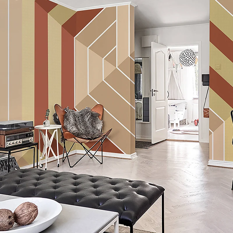 Papel pintado mural resistente las manchas, geometrías simples texturizadas no tejidas y arte de pared rayas para cafeterí...