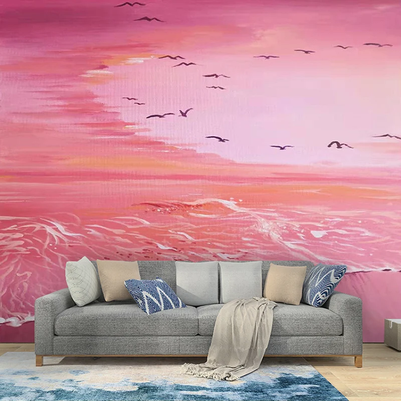 Papel pintado Mural Romántico para Dormitorio de Niñ, Playa y Mar, Hecho Medida Rosa Clearhalo