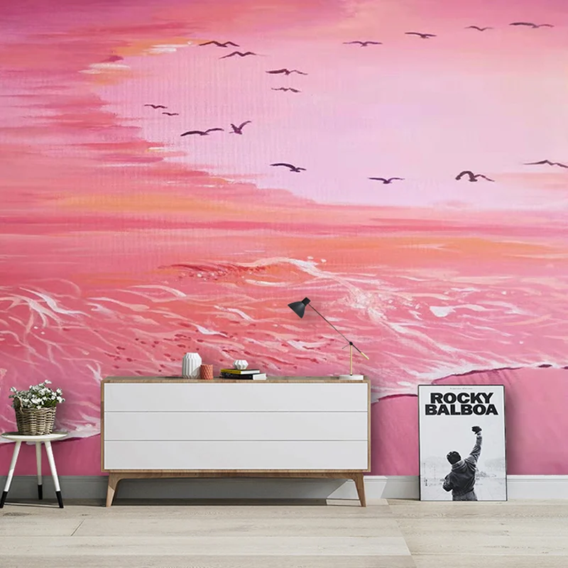 Papel pintado Mural Romántico para Dormitorio de Niñ, Playa y Mar, Hecho Medida Rosa Clearhalo