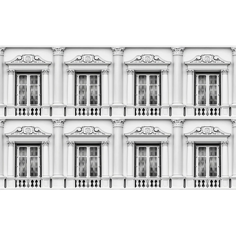Papel pintado mural de tamaño completo con ventana y balcón retro de estilo rumano en gris y blanco Gris Clearhalo