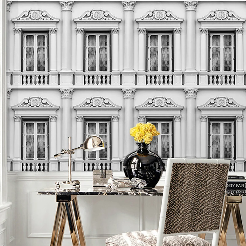 Papel pintado mural de tamaño completo con ventana y balcón retro de estilo rumano en gris y blanco Gris Clearhalo