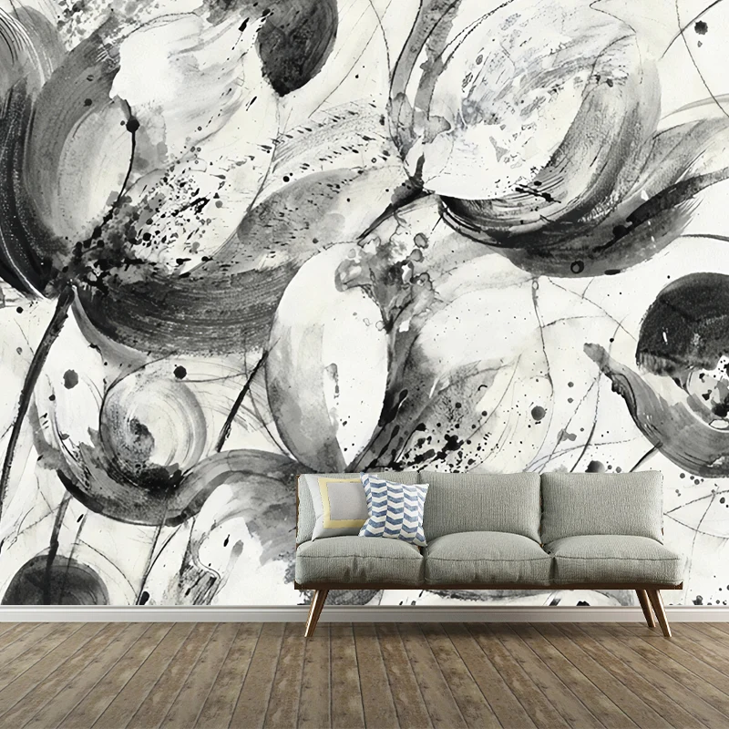 Papel pintado mural no tejido resistente las manchas, arte tradicional de pared de loto para sala de estar Gris Clearhalo