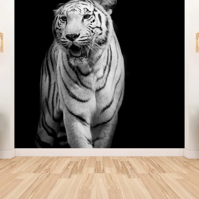 Papel pintado mural de tigre salvaje, revestimiento de paredes texturizado no tejido contemporáneo en negro Negro Clearhalo