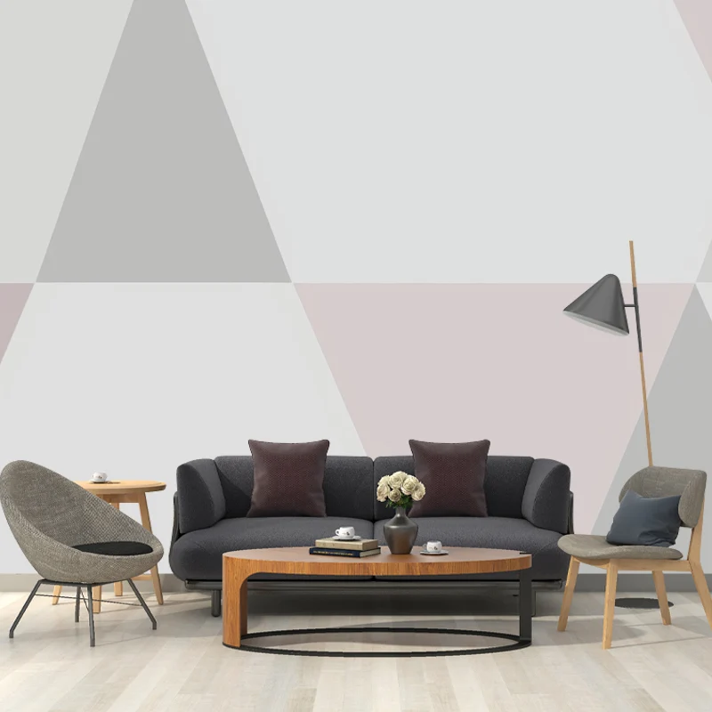 Papel pintado mural de triángulo entero para dormitorio de niñ, arte de pared geométrico en rosa y gris, resistente al agu...