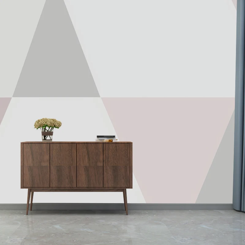 Papel pintado mural de triángulo entero para dormitorio de niñ, arte de pared geométrico en rosa y gris, resistente al agu...