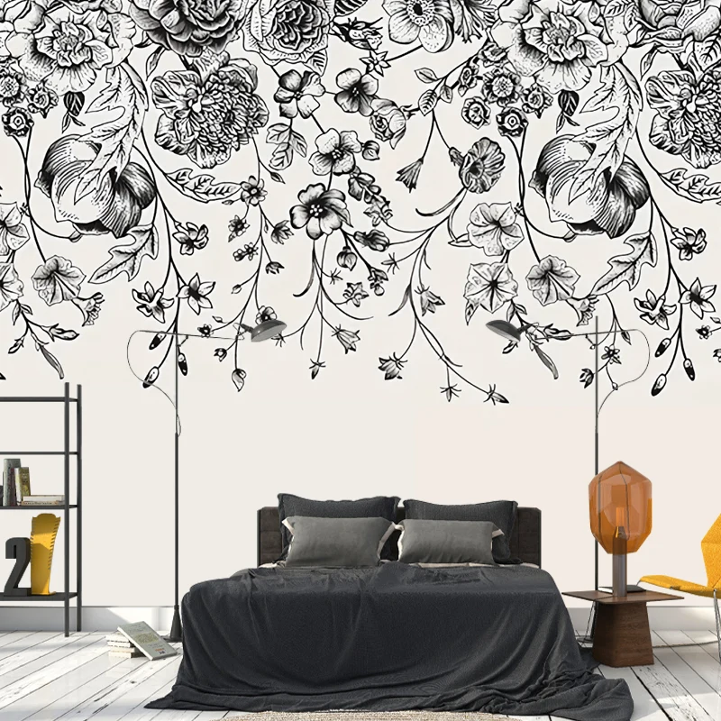 Papel pintado mural de vid entrelazado en negro, revestimiento de pared minimalista para decoración Negro Clearhalo
