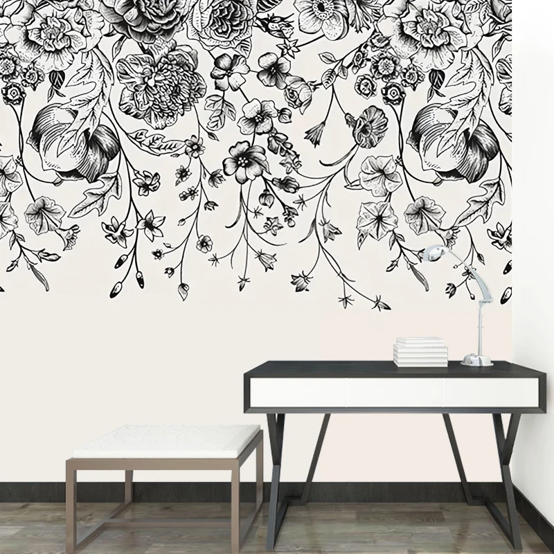 Papel pintado mural de vid entrelazado en negro, revestimiento de pared minimalista para decoración Negro Clearhalo