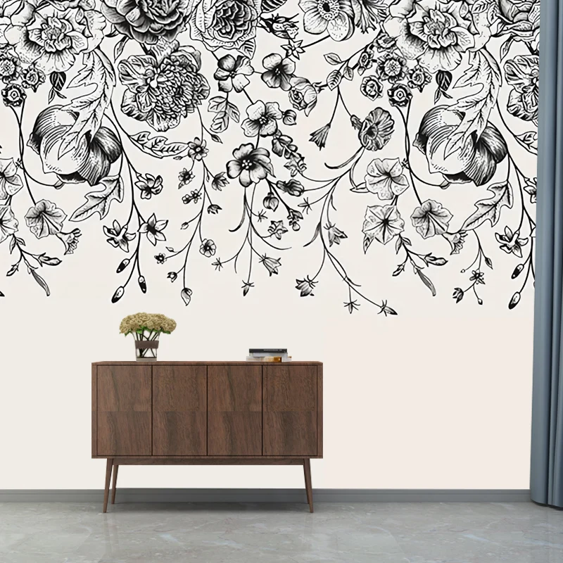 Papel pintado mural de vid entrelazado en negro, revestimiento de pared minimalista para decoración Negro Clearhalo